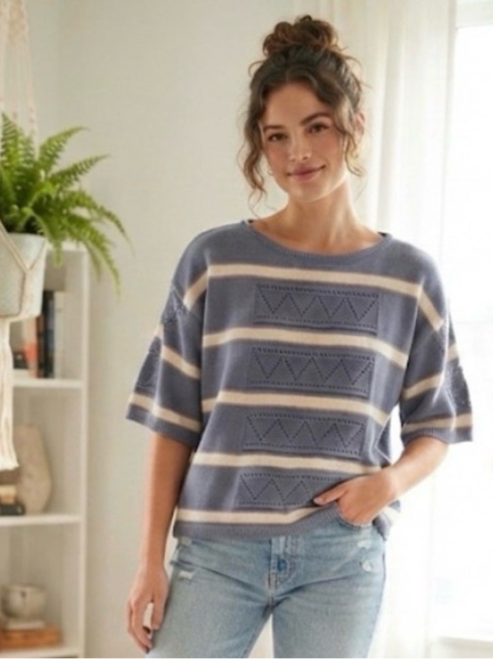 Vtg 80s Grandpa Core Striped Knit Top